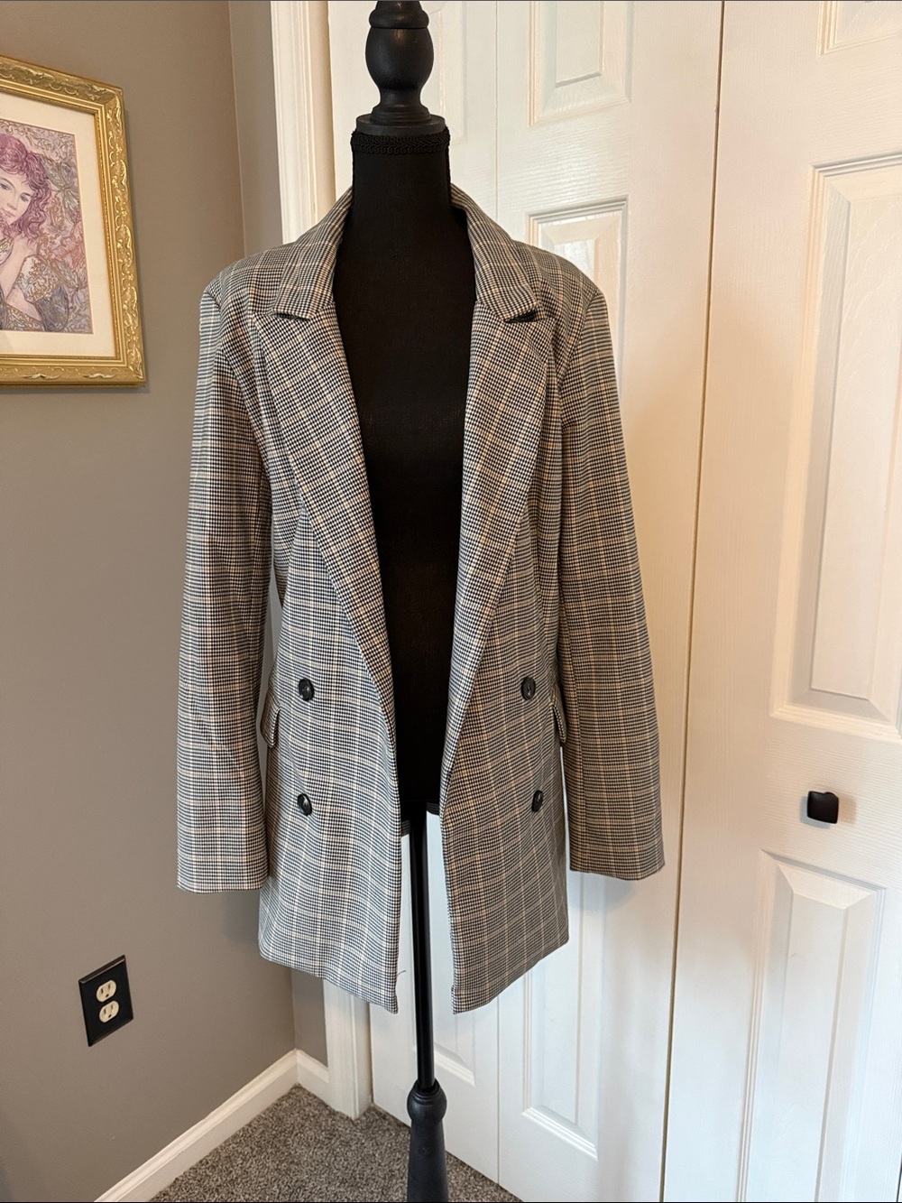 Rachel Zoe Plaid Double-Breasted Blazer in Gray and Black